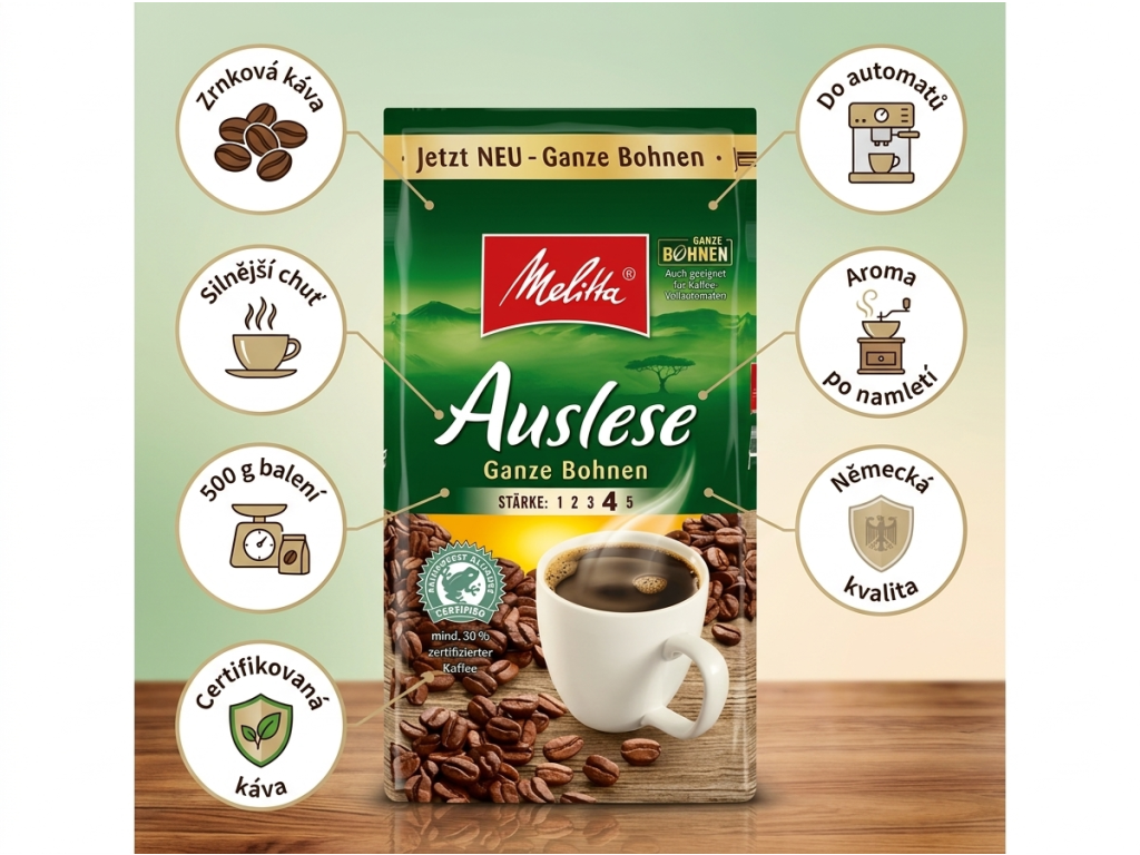 Melitta Auslese zrnková káva 500 g - hlavní výhody
