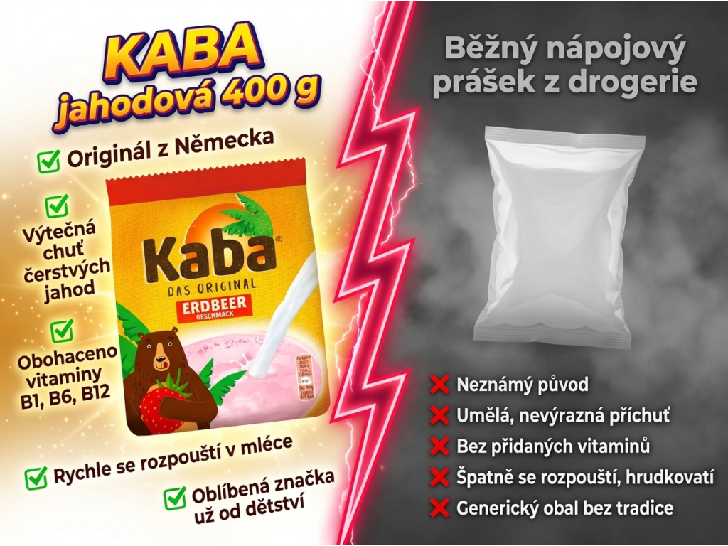 KABA nápoj s jahodovou příchutí 400g - srovnání s běžným nápojem