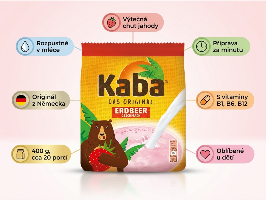 KABA nápoj s jahodovou příchutí 400g - infografika s výhodami