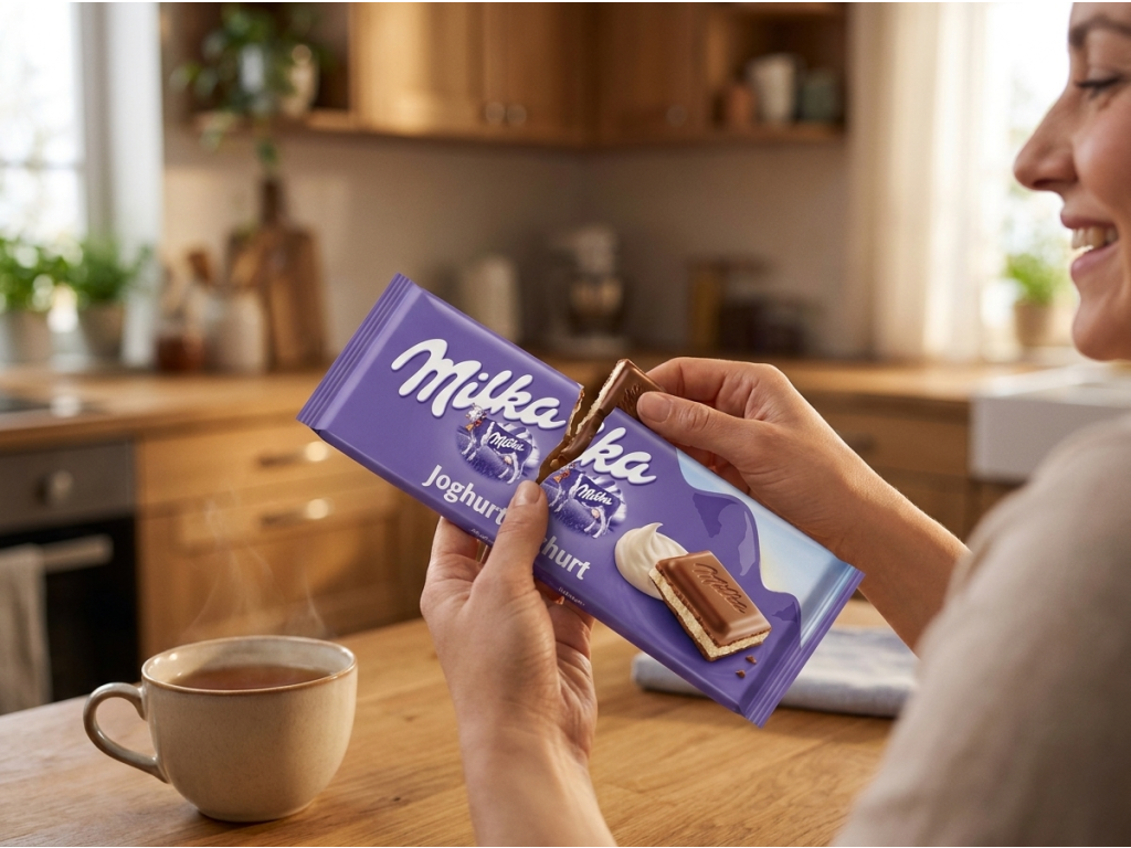 Milka jogurtová 100g - odlomený kousek u šálku čaje