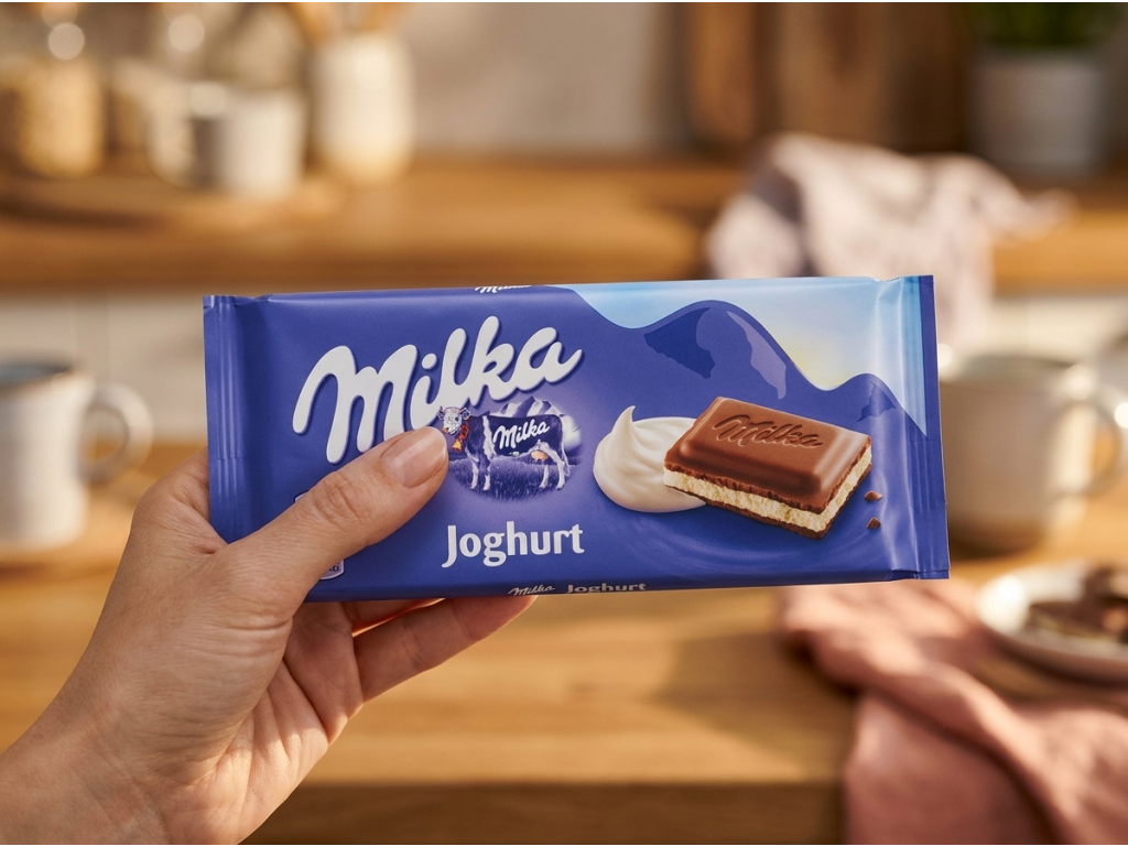 Milka jogurtová 100g držená v ruce