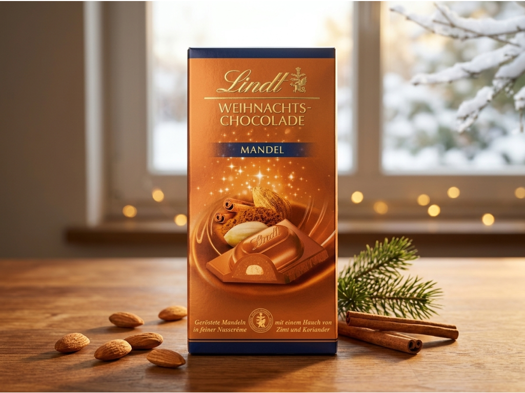 Lindt vánoční čokoláda s mandlemi v zimním prostředí