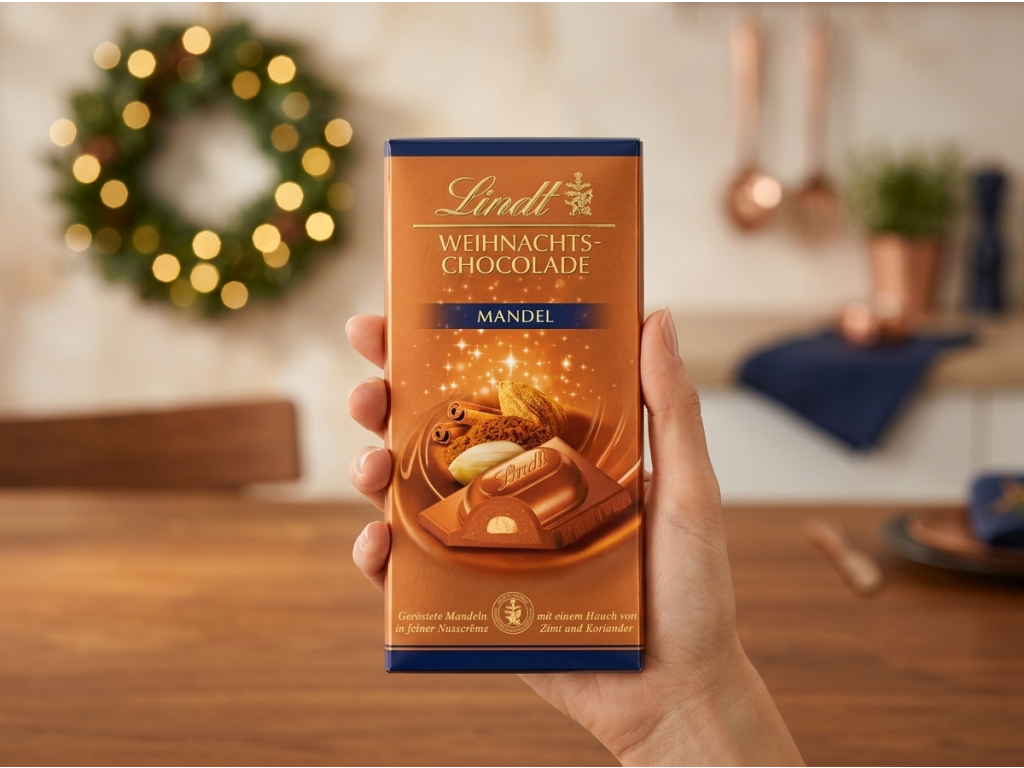 Lindt vánoční čokoláda s mandlemi držená v ruce