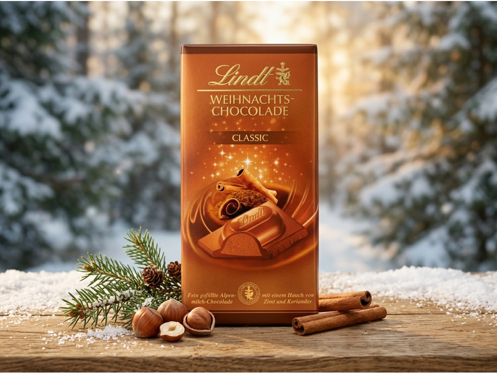 Lindt vánoční čokoláda Classic v zimní přírodě
