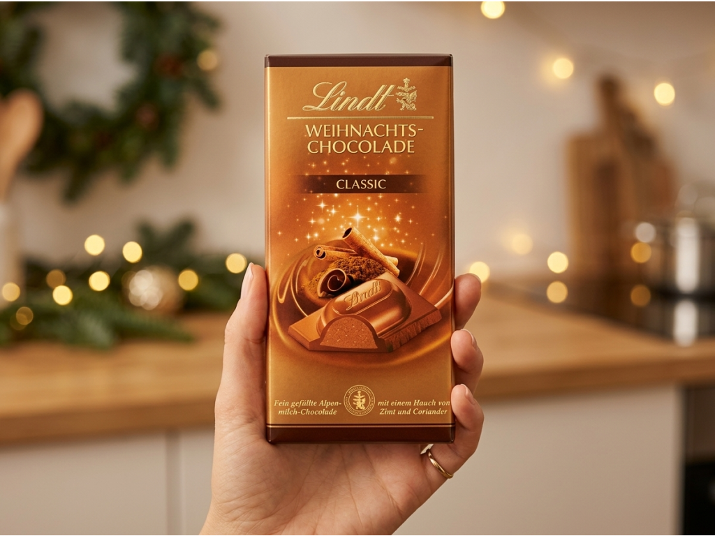 Lindt vánoční čokoláda Classic držená v ruce