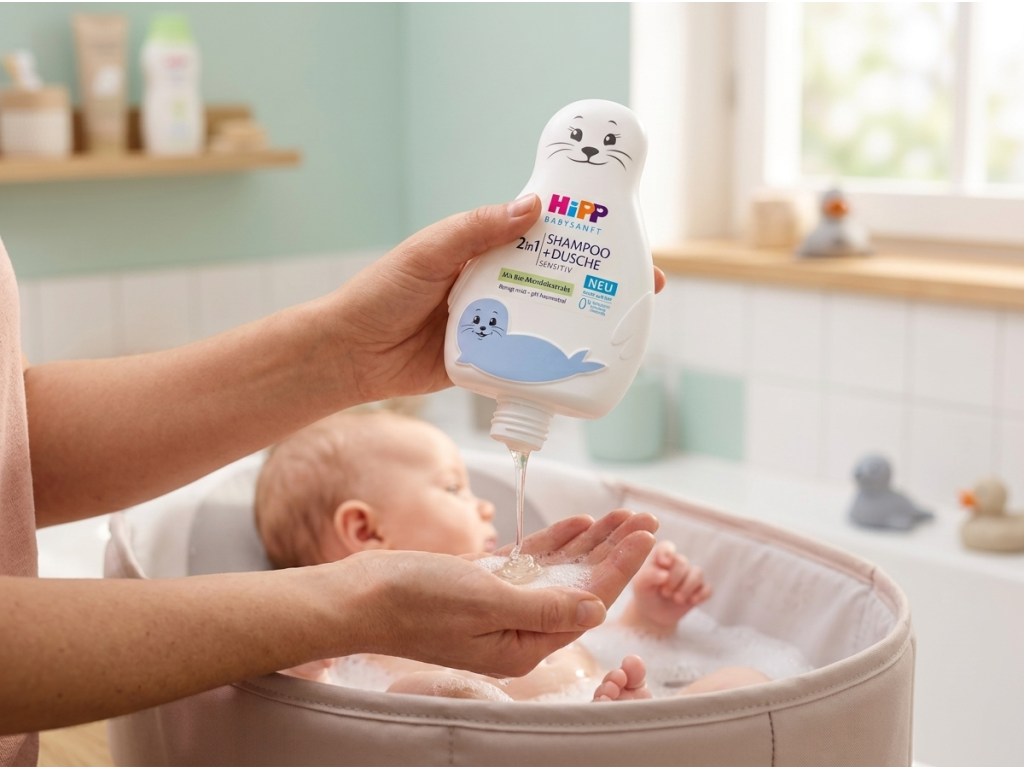 Koupání miminka s HiPP Babysanft 2v1 šamponem a sprchovým gelem Sensitiv