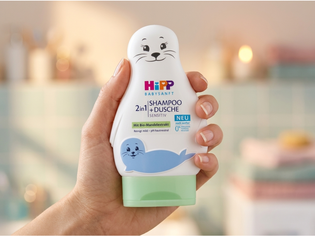 HiPP Babysanft 2v1 šampon a sprchový gel Sensitiv v ruce