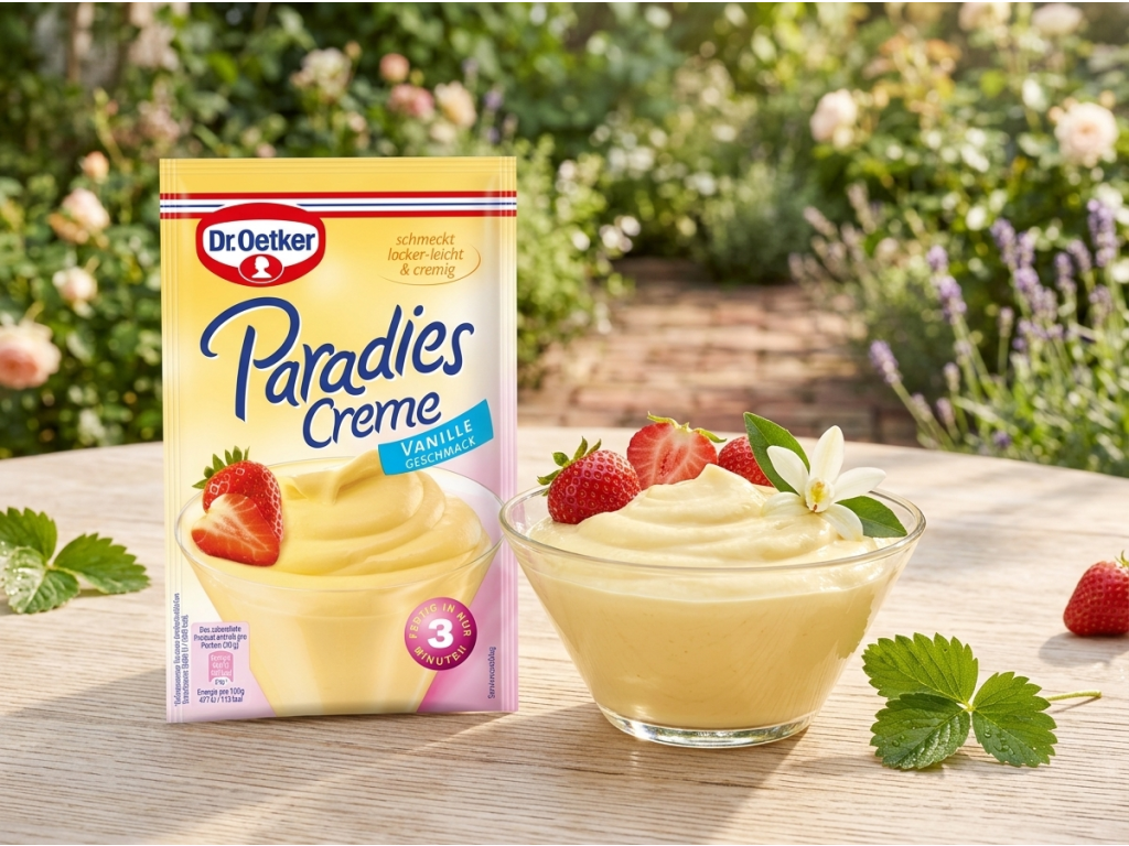 Vanilkový dezert Dr. Oetker Paradies-Creme v letním aranžmá