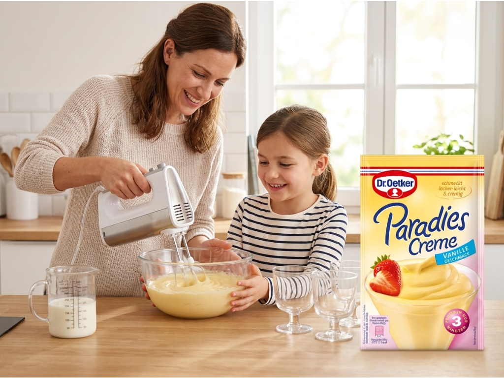 Společná příprava vanilkového dezertu Dr. Oetker Paradies-Creme