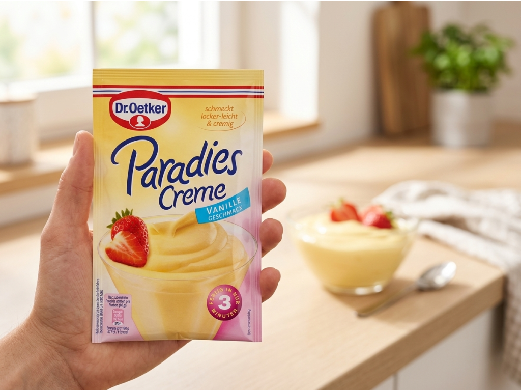 Balení Dr. Oetker Paradies-Creme vanilkový v ruce
