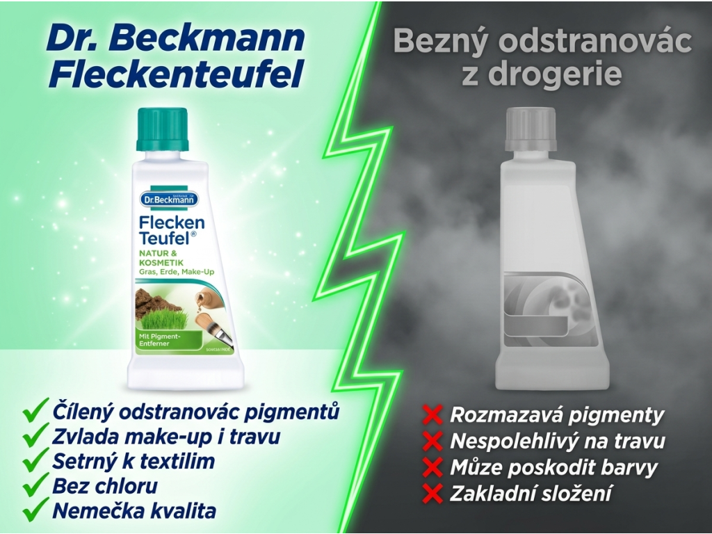 Dr. Beckmann ďáblík na skvrny od zeleně a kosmetiky 50 ml - srovnání s běžným odstraňovačem