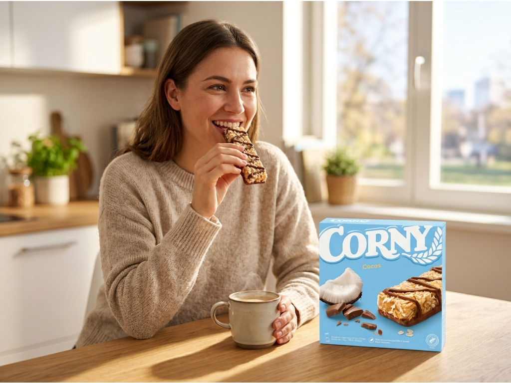Žena si pochutnává na tyčince Corny Cocos