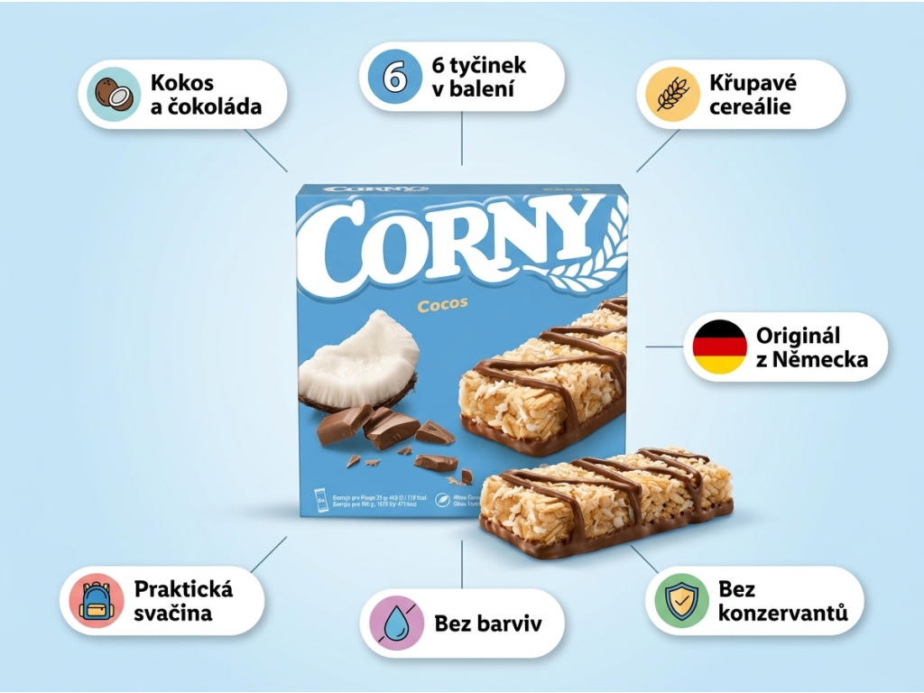 Corny Cocos cereální tyčinky - hlavní výhody