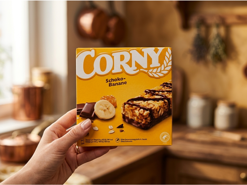 Corny čokoláda a banán v ruce