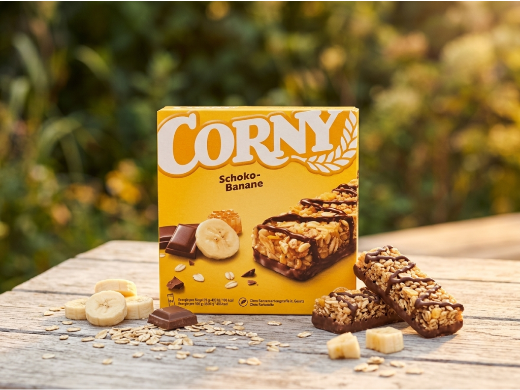 Corny čokoláda a banán v přírodním prostředí