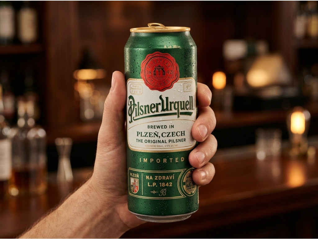Pilsner Urquell plechovka v ruce