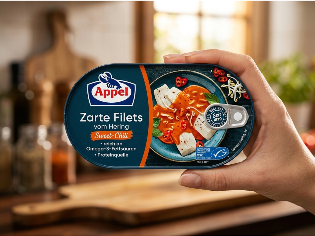 Appel sleďové filety ve sladkém chilli držené v ruce
