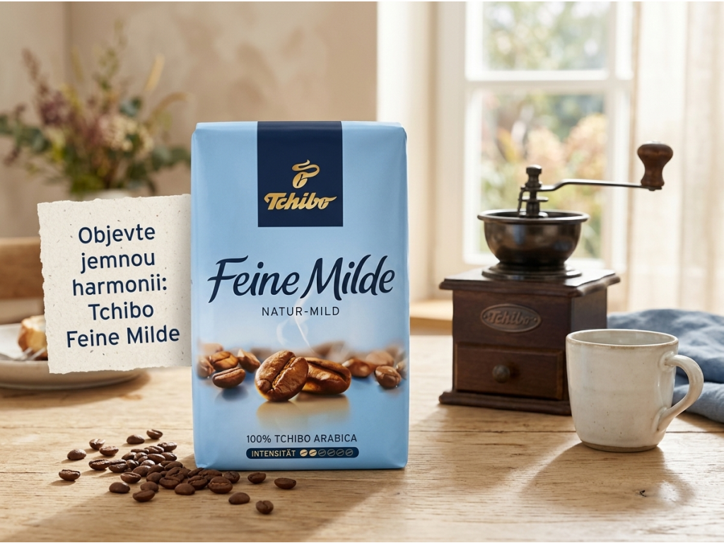 Tchibo Feine Milde zrnková káva na stole s mlýnkem