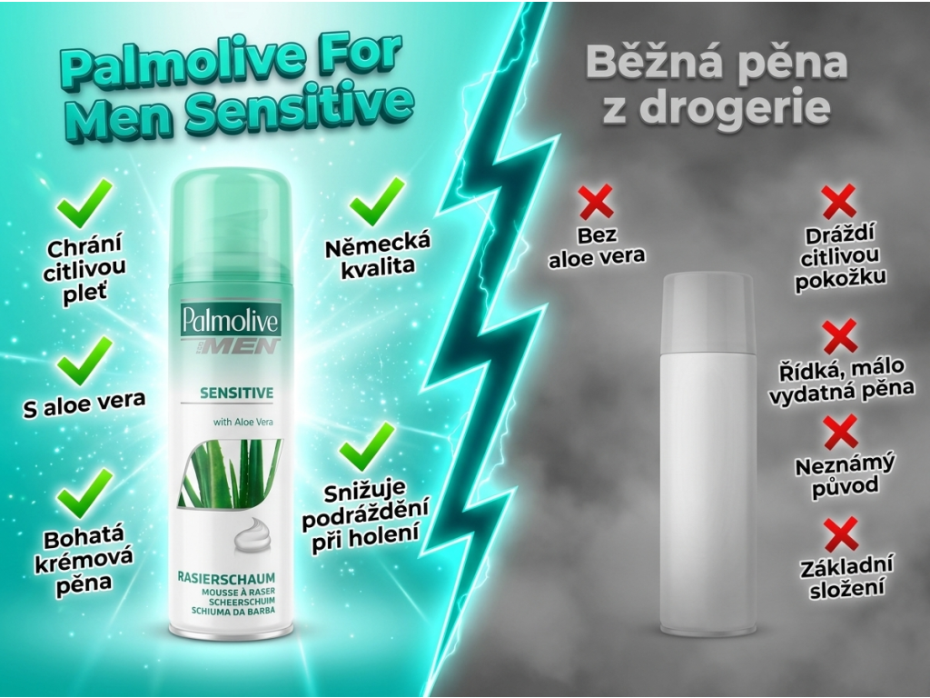 Srovnání Palmolive For Men Sensitive s běžnou pěnou na holení