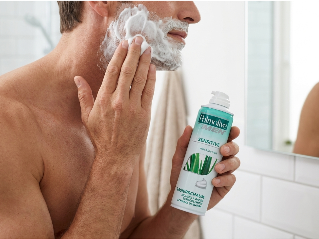 Muž si nanáší pěnu na holení Palmolive For Men Sensitive