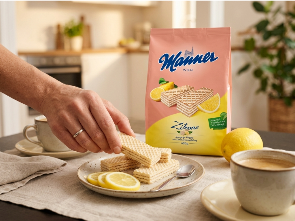 Podávání Manner citronových řezů ke kávě