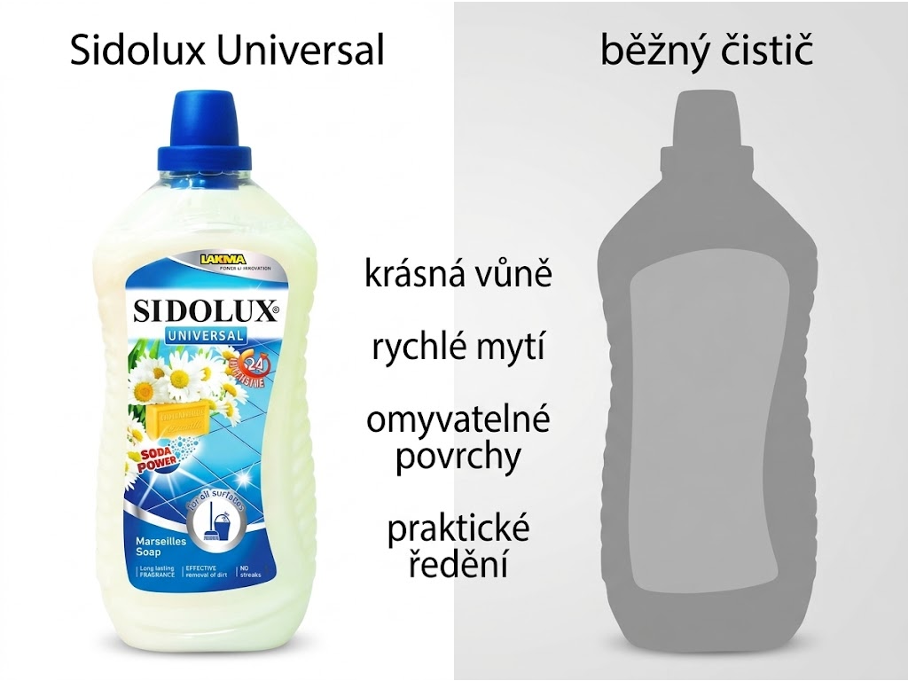 Sidolux Universal Marseillské mýdlo srovnání s běžným čističem