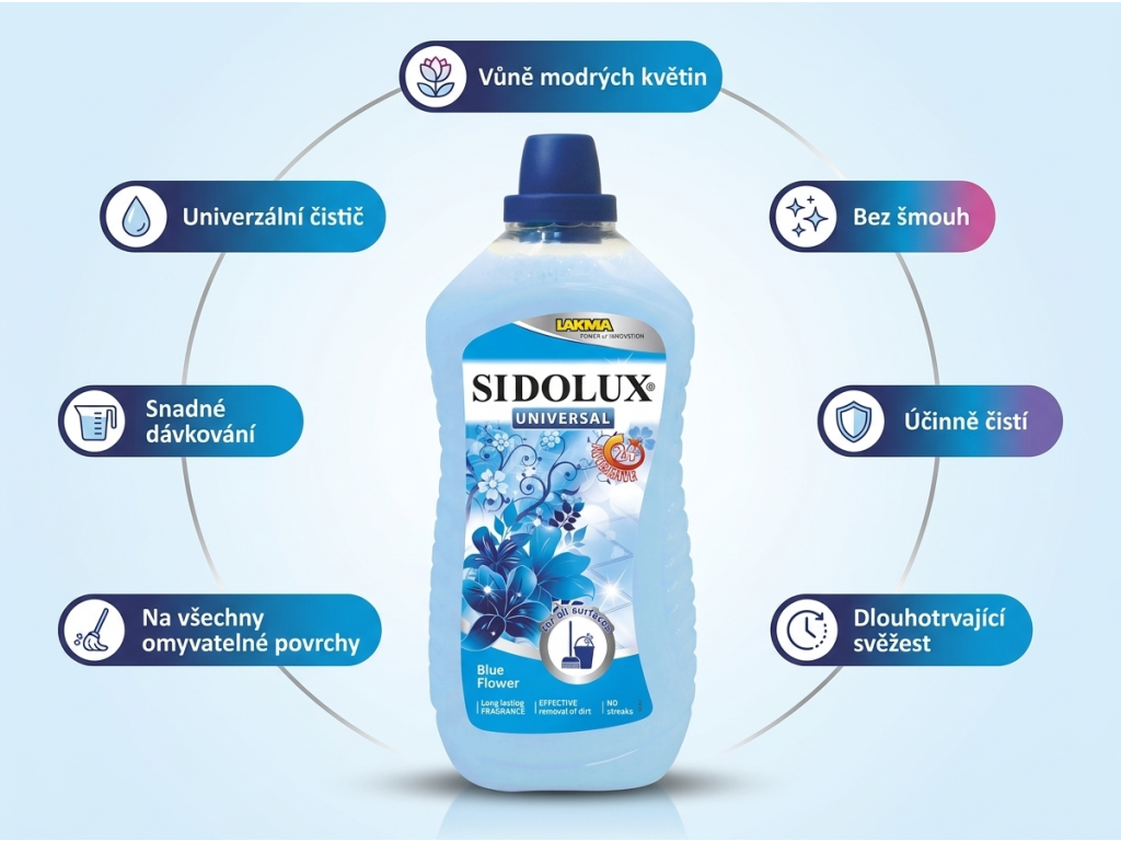 Sidolux univerzální čisticí prostředek Modré květiny 1 l - infografika s přehledem výhod