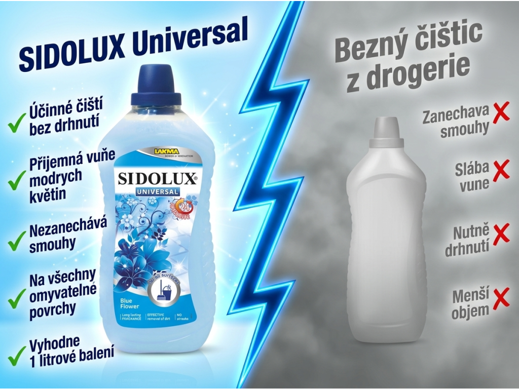 Sidolux univerzální čisticí prostředek Modré květiny 1 l - srovnání s běžným čističem