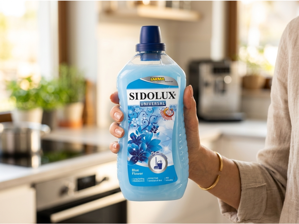 Sidolux univerzální čisticí prostředek Modré květiny 1 l - detail balení v ruce