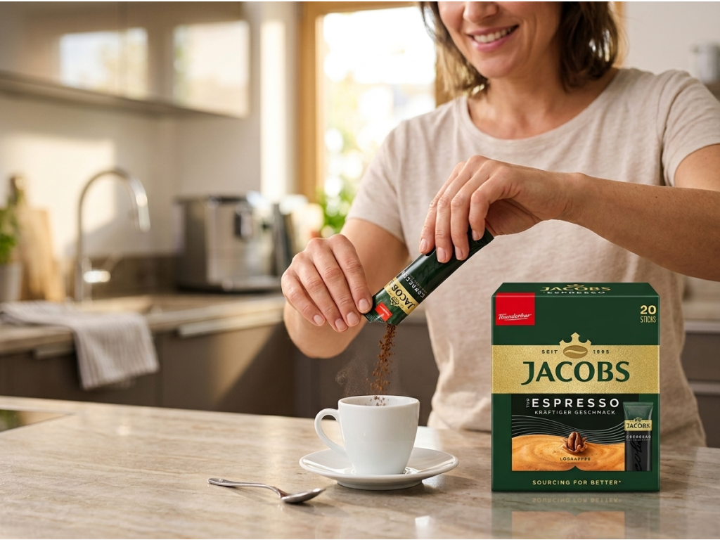 Jacobs Espresso rozpustná káva porcovaná - příprava v kuchyni