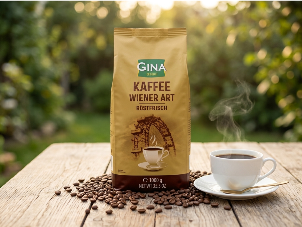 Gina Vídeňská zrnková káva 1kg - přírodní kontext s kávovými zrny
