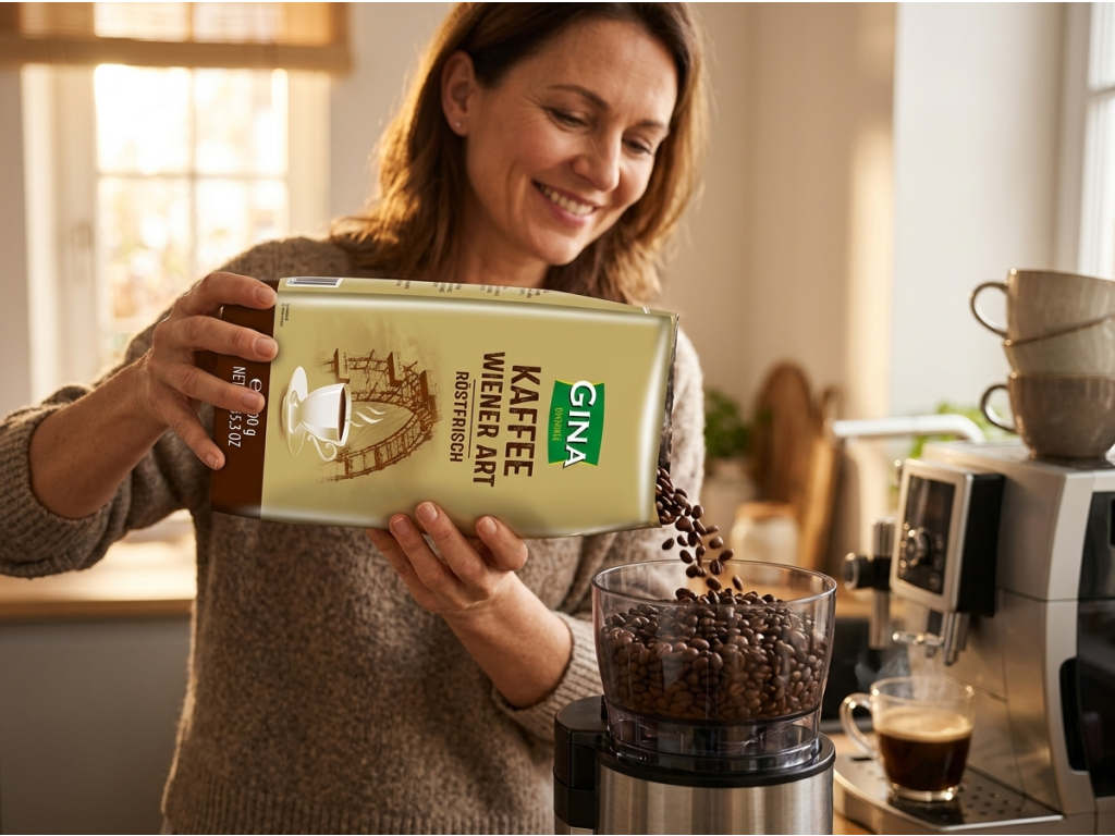 Gina Vídeňská zrnková káva 1kg - sypání zrn do kávovaru