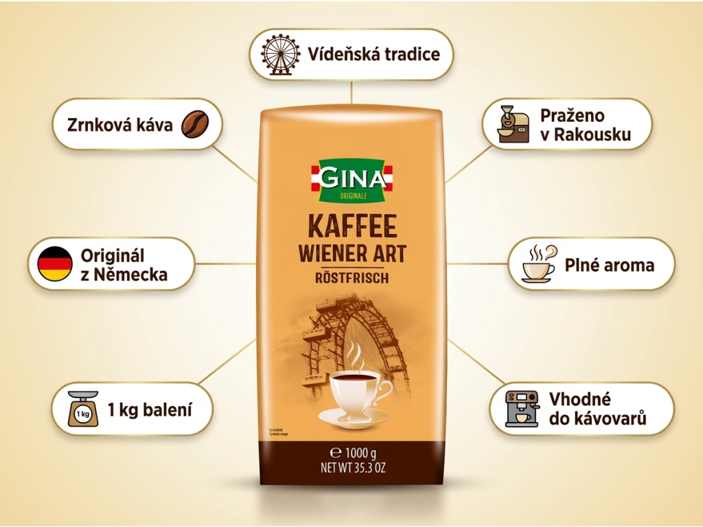 Gina Vídeňská zrnková káva 1kg - infografika s výhodami