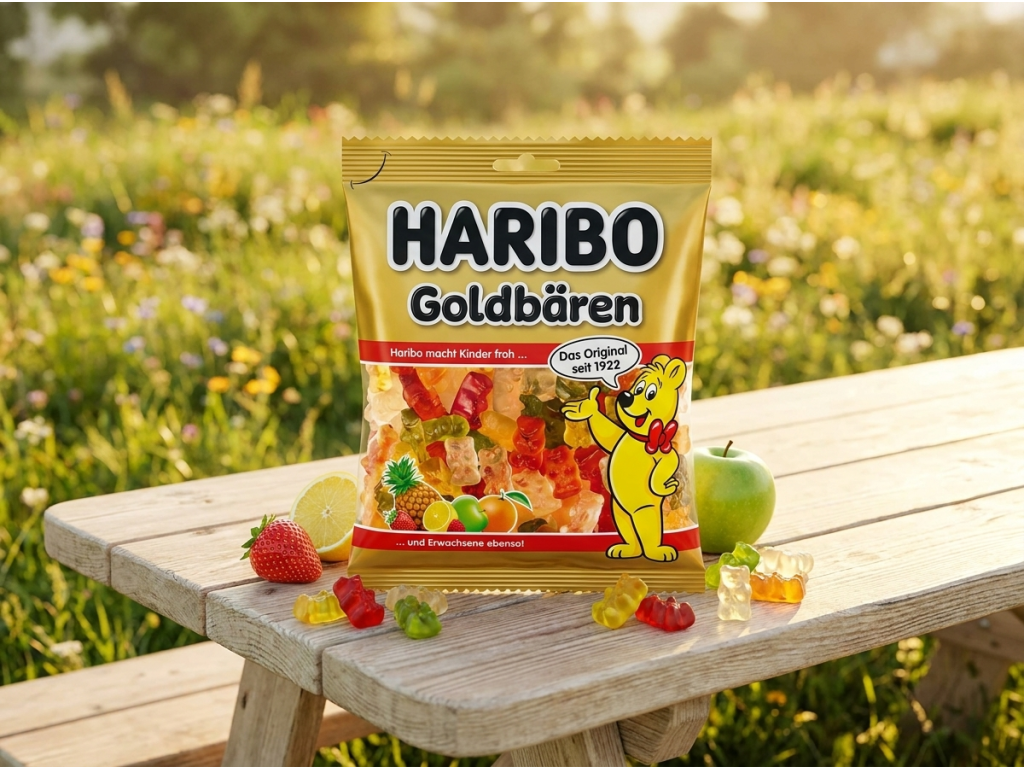Haribo Goldbären gumoví medvídci v letním prostředí
