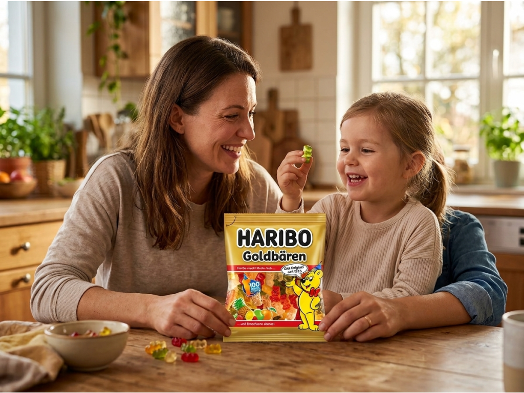 Maminka s dítětem si pochutnávají na medvídcích Haribo