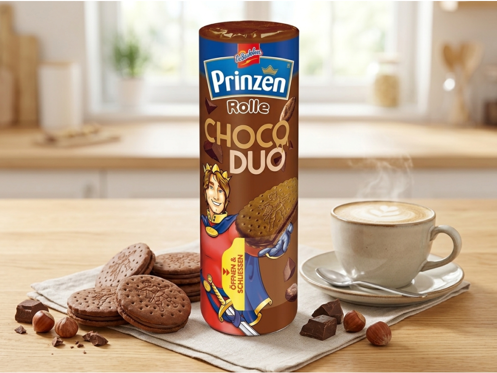 Prinzen Rolle Choco Duo se sušenkami a kávou