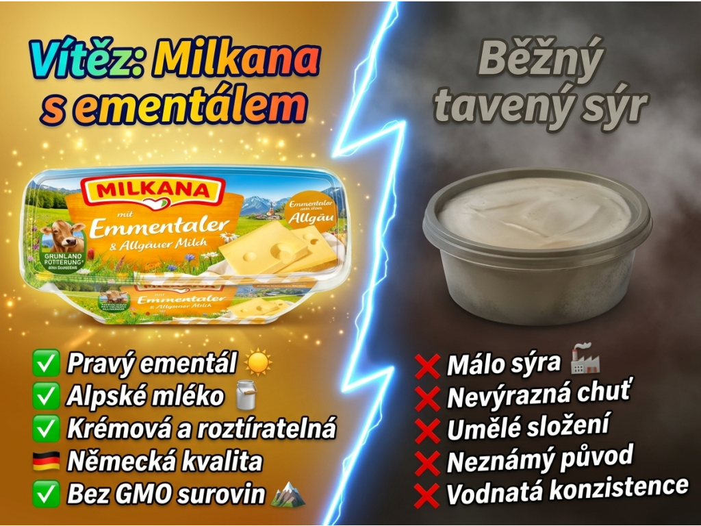Milkana tavený sýr s ementálem 190g - srovnání s běžným taveným sýrem