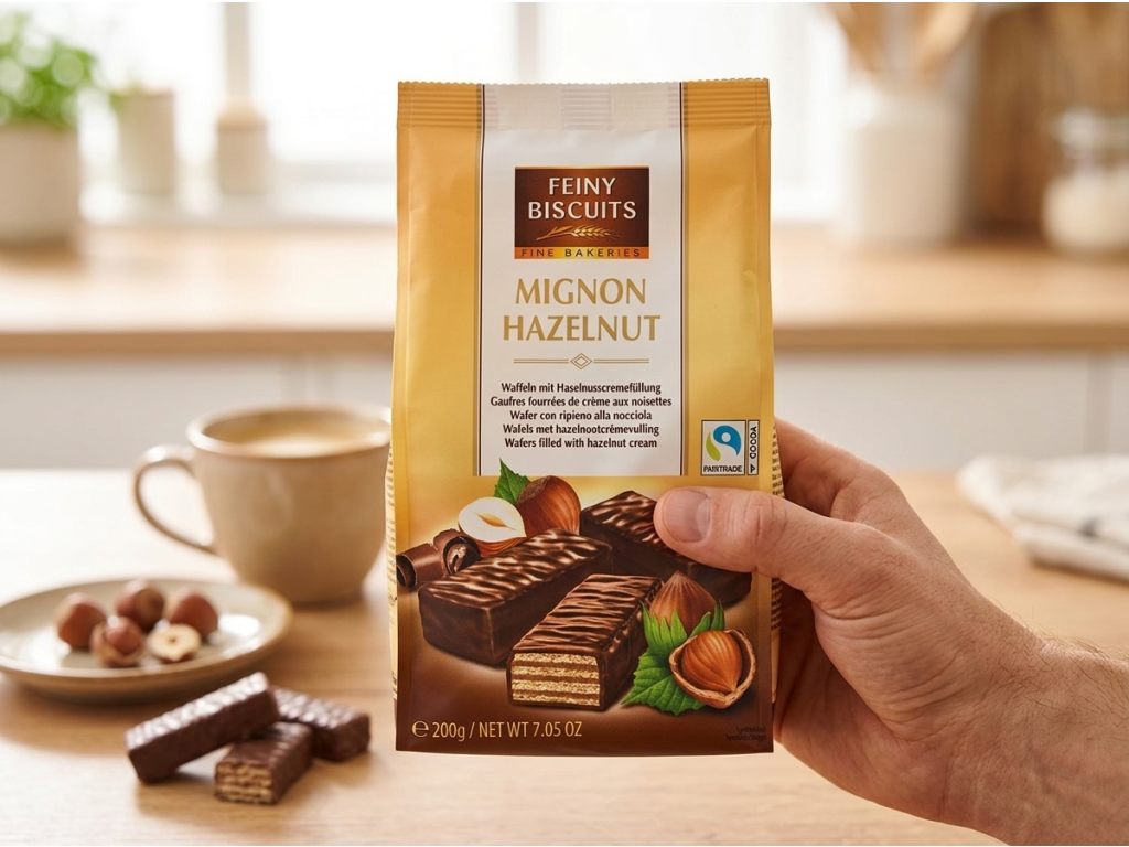 Balení Feiny Biscuits Mignonských vaflí v ruce