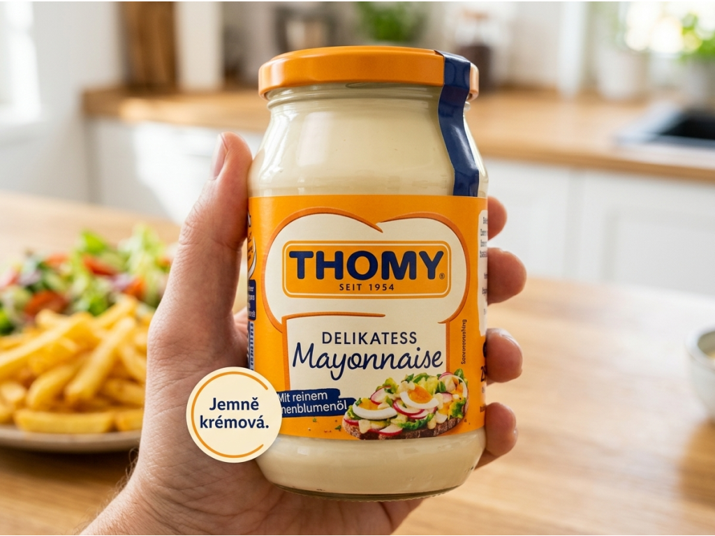 Sklenice majonézy Thomy v ruce