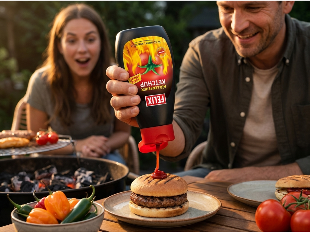 Použití Felix pekelně pálivého kečupu na burger
