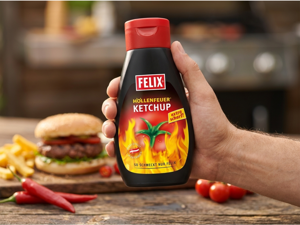 Felix pekelně pálivý kečup 450 g v ruce
