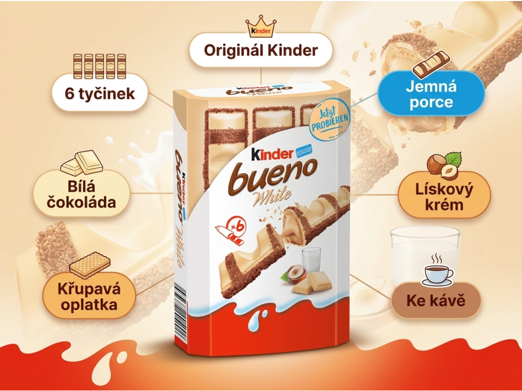 Kinder bueno White 6ks 117g - infografika výhod