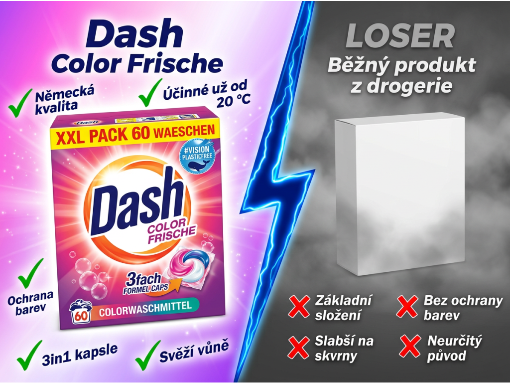 Srovnání Dash Color pracích kapslí s běžným produktem