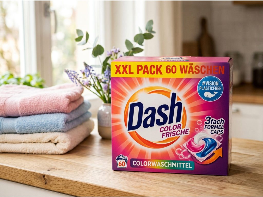 Dash Color prací kapsle mezi čerstvě vypraným barevným prádlem
