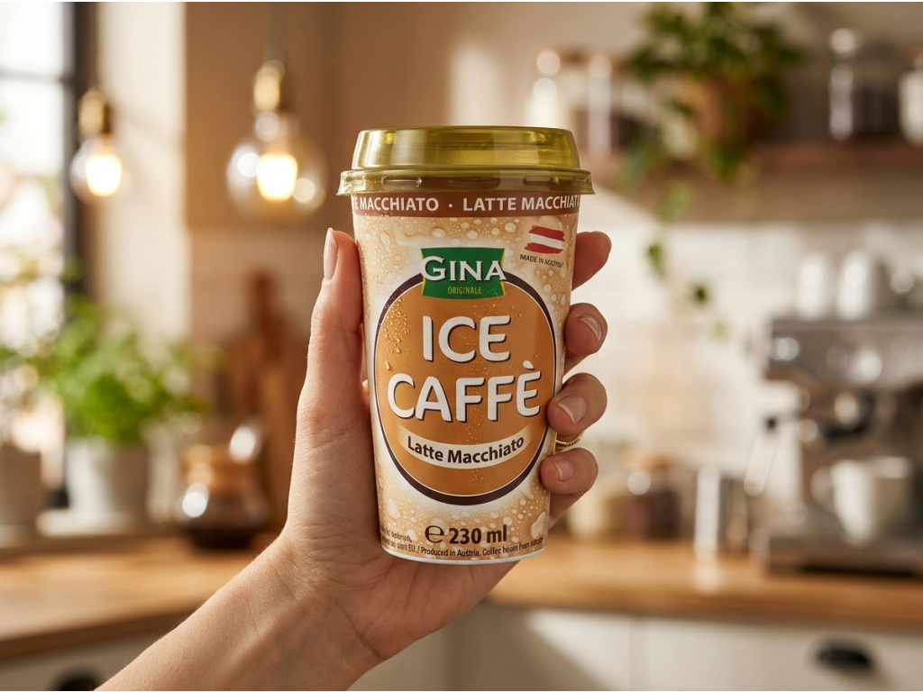 Gina Ledová káva Latte Macchiato v ruce