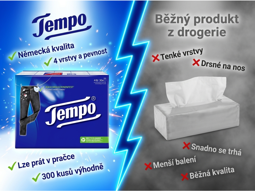 Srovnání Tempo kapesníků s běžným produktem