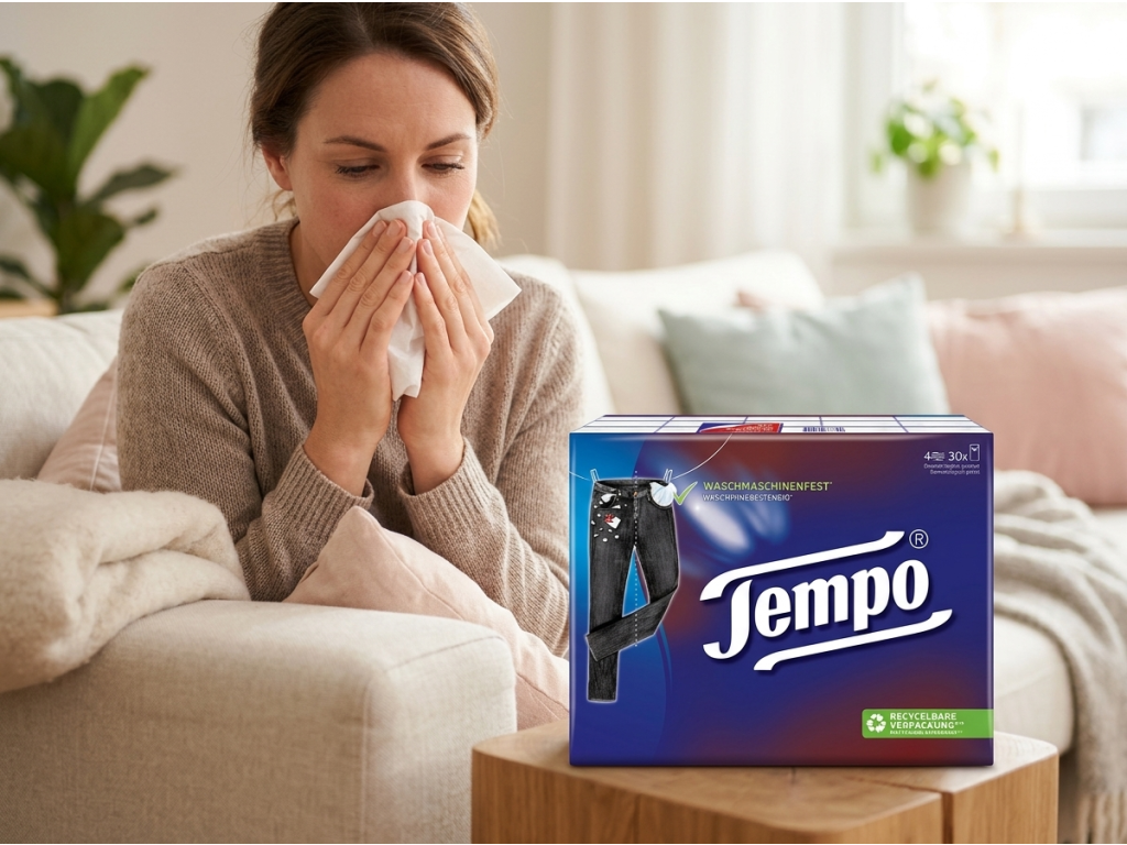 Žena používající Tempo papírový kapesník