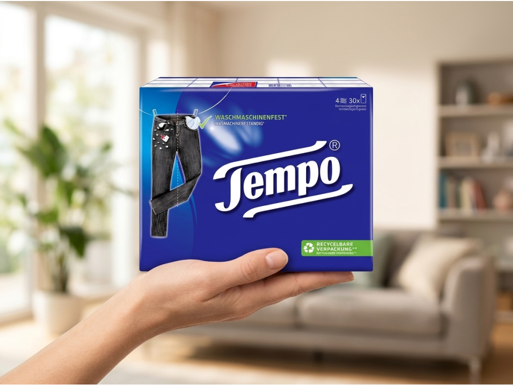 Tempo papírové kapesníky držené v ruce