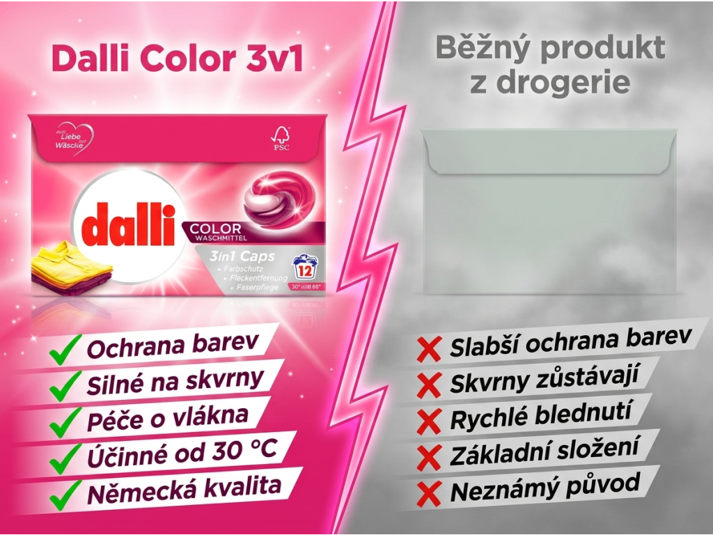 Srovnání Dalli Color kapsle s běžným produktem z drogerie