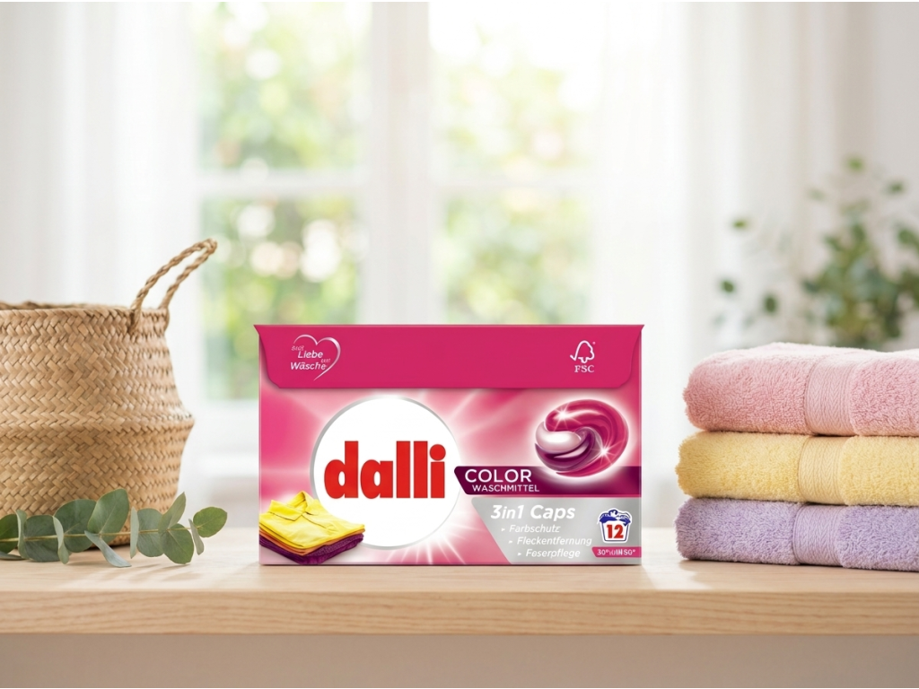 Dalli Color 3v1 kapsle na praní v prostředí prádelny